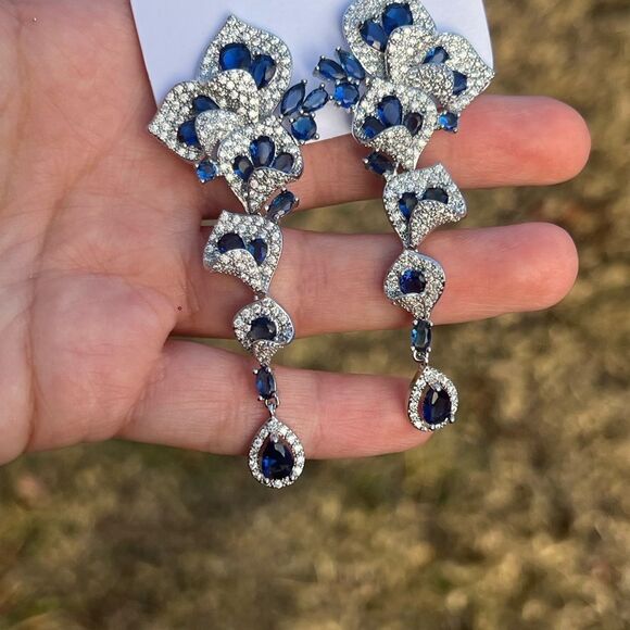 Luxury Blue Crystal Drop Earrings with sterling silver Stud - Picture 13 of 14